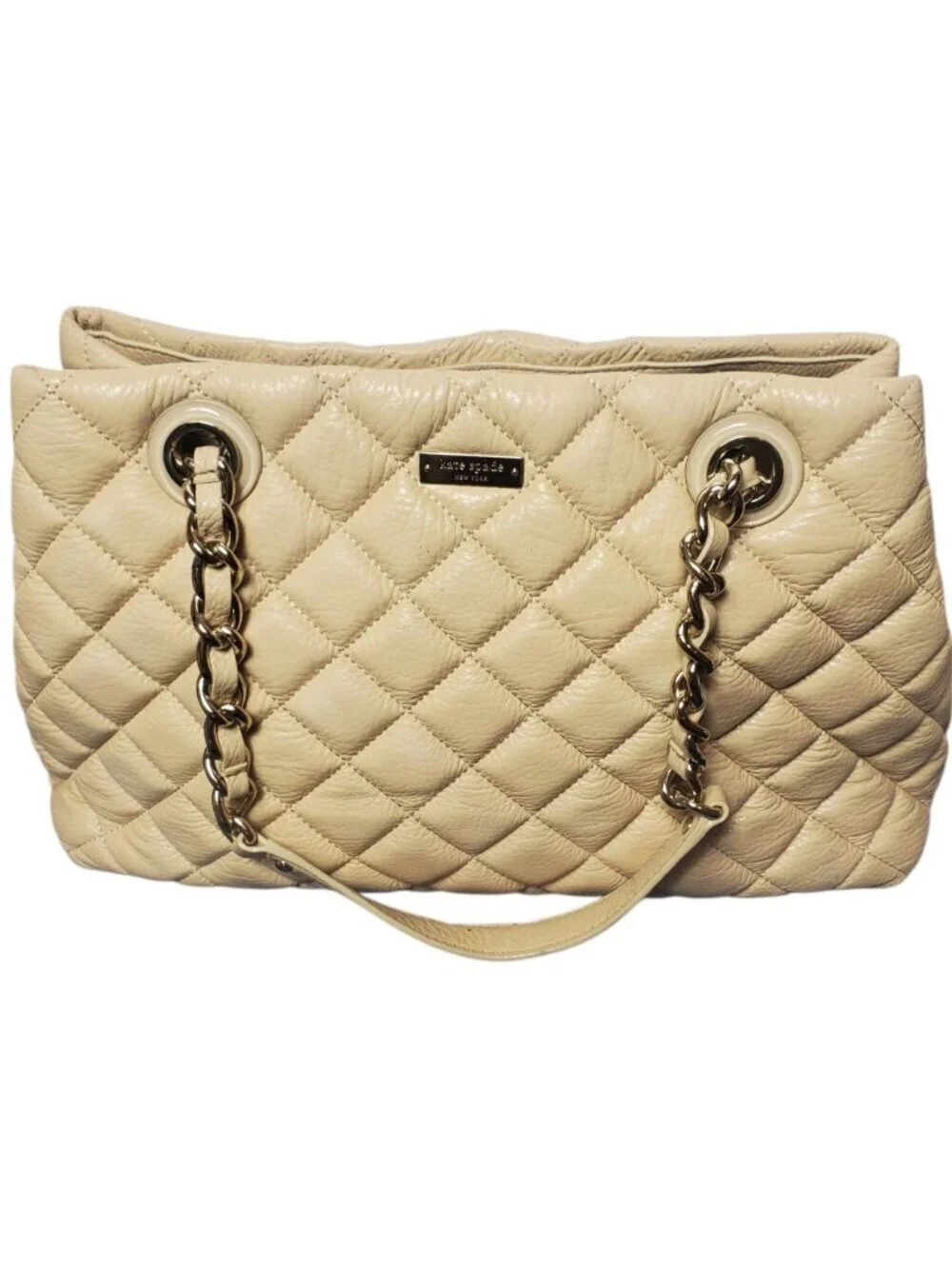 Kate Spade Georgina Quilted Leather W/Chain Link Strap Tote Bag W/Multiple Cream